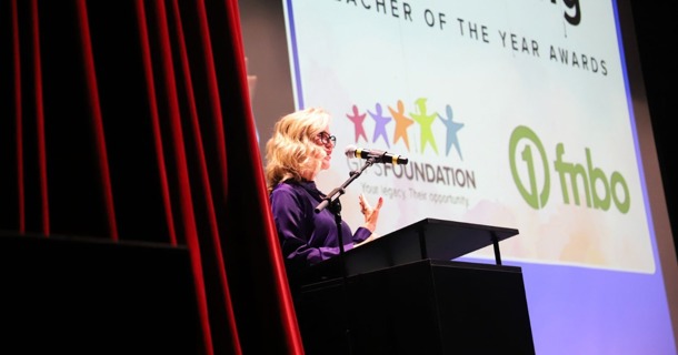 Kari Hooker-Leep, GIPS Foundation Director, speaking to all GIPS Staff for the GIPS Foundation Teacher of the Year Awards